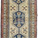“Vintage Kurdish runner with triple medallion and tribal motifs” “Handwoven Kurdish rug with goat, dog and fish symbols” “Narrow hallway runner with abrush and triple border” “Unique Kurdish carpet from West Iran with animal motifs”