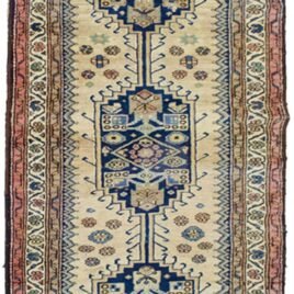 “Vintage Kurdish runner with triple medallion and tribal motifs” “Handwoven Kurdish rug with goat, dog and fish symbols” “Narrow hallway runner with abrush and triple border” “Unique Kurdish carpet from West Iran with animal motifs”