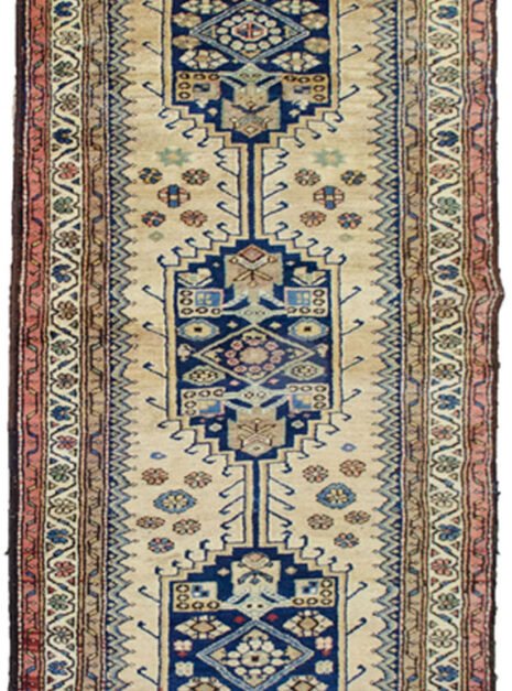 “Vintage Kurdish runner with triple medallion and tribal motifs” “Handwoven Kurdish rug with goat, dog and fish symbols” “Narrow hallway runner with abrush and triple border” “Unique Kurdish carpet from West Iran with animal motifs”