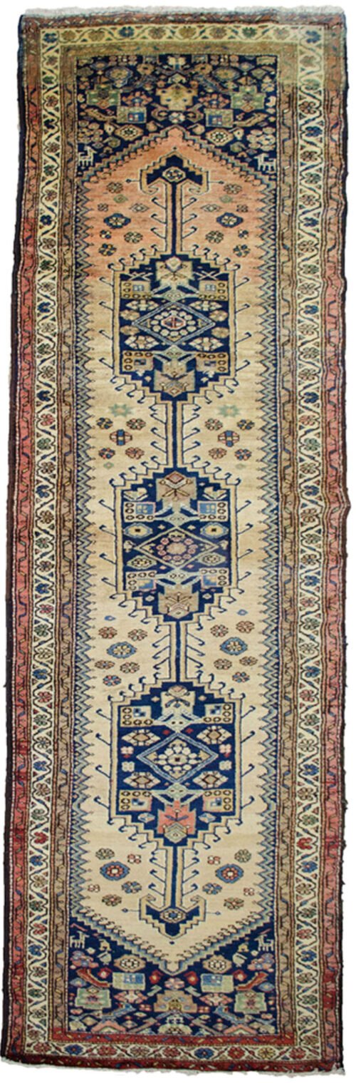 “Vintage Kurdish runner with triple medallion and tribal motifs” “Handwoven Kurdish rug with goat, dog and fish symbols” “Narrow hallway runner with abrush and triple border” “Unique Kurdish carpet from West Iran with animal motifs”