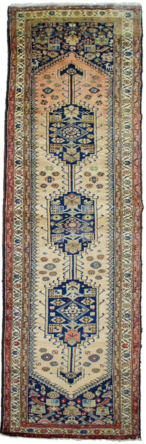 “Vintage Kurdish runner with triple medallion and tribal motifs” “Handwoven Kurdish rug with goat, dog and fish symbols” “Narrow hallway runner with abrush and triple border” “Unique Kurdish carpet from West Iran with animal motifs”