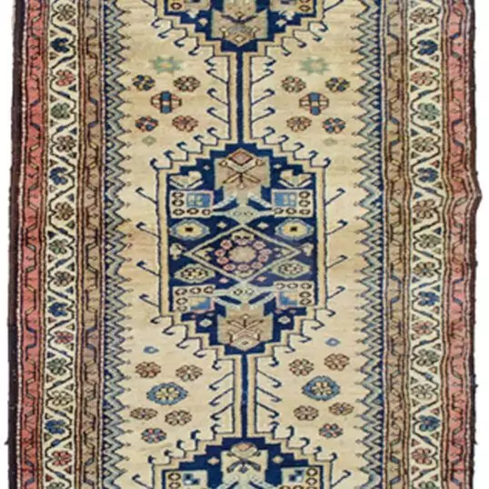 “Vintage Kurdish runner with triple medallion and tribal motifs” “Handwoven Kurdish rug with goat, dog and fish symbols” “Narrow hallway runner with abrush and triple border” “Unique Kurdish carpet from West Iran with animal motifs”