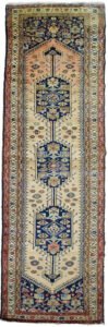 “Vintage Kurdish runner with triple medallion and tribal motifs” “Handwoven Kurdish rug with goat, dog and fish symbols” “Narrow hallway runner with abrush and triple border” “Unique Kurdish carpet from West Iran with animal motifs”