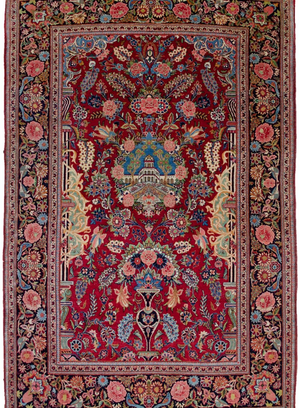 alt="Antique Kashan rug with pictorial building and niche design" alt="Persian rug with rose garland and floral border from Kashan" alt="Kashan rug with birds, roses, and chrysanthemums in border" alt="Collector's antique Persian rug from central Iran"