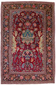 alt="Antique Kashan rug with pictorial building and niche design" alt="Persian rug with rose garland and floral border from Kashan" alt="Kashan rug with birds, roses, and chrysanthemums in border" alt="Collector's antique Persian rug from central Iran"
