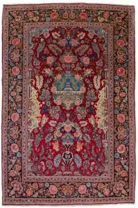 alt="Antique Kashan rug with pictorial building and niche design" alt="Persian rug with rose garland and floral border from Kashan" alt="Kashan rug with birds, roses, and chrysanthemums in border" alt="Collector's antique Persian rug from central Iran"