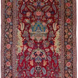 alt="Antique Kashan rug with pictorial building and niche design" alt="Persian rug with rose garland and floral border from Kashan" alt="Kashan rug with birds, roses, and chrysanthemums in border" alt="Collector's antique Persian rug from central Iran"