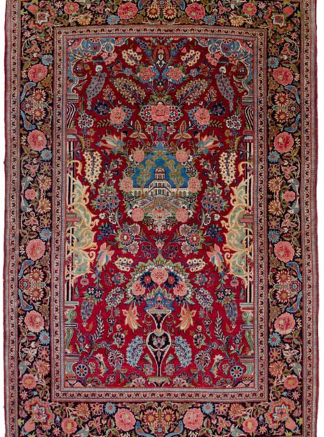 M318-Kashan-206x135cmr.jpg alt="Antique Kashan rug with pictorial building and niche design" alt="Persian rug with rose garland and floral border from Kashan" alt="Kashan rug with birds, roses, and chrysanthemums in border" alt="Collector's antique Persian rug from central Iran"