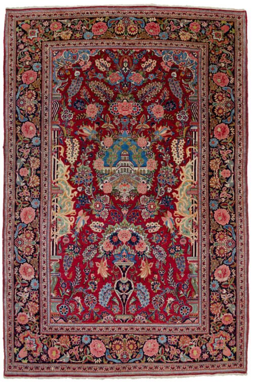 alt="Antique Kashan rug with pictorial building and niche design" alt="Persian rug with rose garland and floral border from Kashan" alt="Kashan rug with birds, roses, and chrysanthemums in border" alt="Collector's antique Persian rug from central Iran"