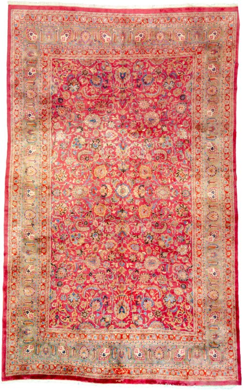 alt="Mashad carpet by Sheik Borangy with all-over floral design" alt="Signed Persian carpet with full pile and harmonious colours" alt="Elegant Mashad rug by master weaver Sheik Borangy" alt="Persian carpet for large room with refined floral pattern"
