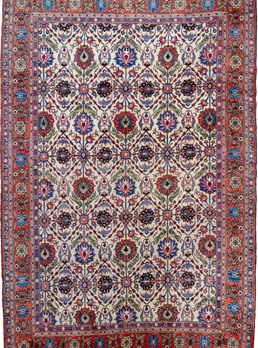 alt="Fine Varamin carpet with cream ground and floral lattice design" alt="Tehran design Persian rug with peacocks and flower heads" alt="Rare cream ground Persian rug from Varamin" alt="Finely woven Varamin rug with symbolic floral motifs"