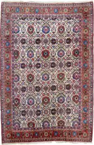 alt="Fine Varamin carpet with cream ground and floral lattice design" alt="Tehran design Persian rug with peacocks and flower heads" alt="Rare cream ground Persian rug from Varamin" alt="Finely woven Varamin rug with symbolic floral motifs"