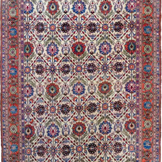 alt="Fine Varamin carpet with cream ground and floral lattice design" alt="Tehran design Persian rug with peacocks and flower heads" alt="Rare cream ground Persian rug from Varamin" alt="Finely woven Varamin rug with symbolic floral motifs"