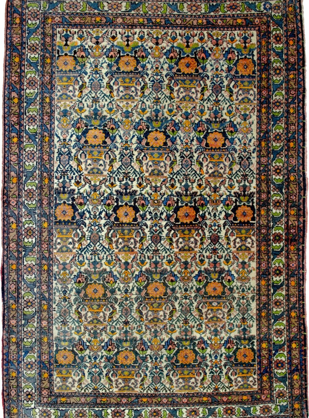 alt="Zelle Soltan rug with flower pot and bird motif" alt="Persian rug with unusual colours and floral border" alt="High-quality wool rug with bird and flower pot design" alt="Traditional Persian Zelle Soltan motif with decorative border"