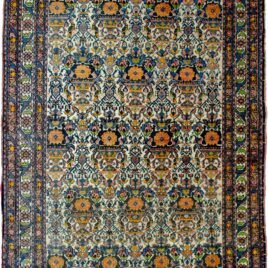 alt="Zelle Soltan rug with flower pot and bird motif" alt="Persian rug with unusual colours and floral border" alt="High-quality wool rug with bird and flower pot design" alt="Traditional Persian Zelle Soltan motif with decorative border"