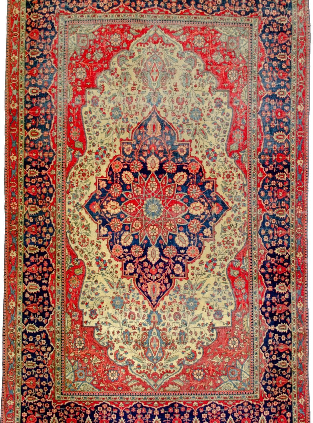 alt="Antique Mohtasham Kashan rug with jewel-toned colours and fine weave" alt="Persian Kashan carpet with velvety wool and natural dyes" alt="Mohtasham Kashan rug with even wear and historic charm" alt="Fine Persian carpet with classical design and reduced end"