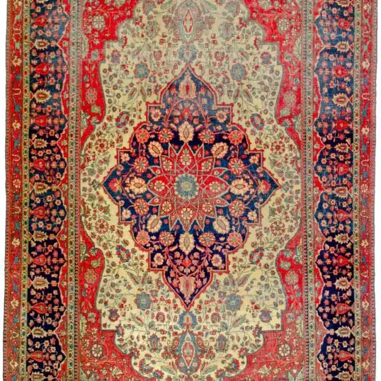 alt="Antique Mohtasham Kashan rug with jewel-toned colours and fine weave" alt="Persian Kashan carpet with velvety wool and natural dyes" alt="Mohtasham Kashan rug with even wear and historic charm" alt="Fine Persian carpet with classical design and reduced end"
