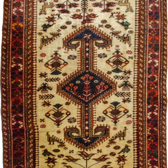 alt="Nasrabad rug with double anchor medallion on cream ground" alt="Tribal Persian rug with stylized peacocks and deer" alt="Durable Nasrabad carpet with multicoloured S design borders" alt="Persian rug with floral and animal motifs on neutral background"