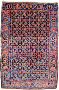 alt="Boroujen Bakhtiari rug with navy Herati design and light blue border" alt="Persian carpet from Boroujen with natural dyes and floral motifs" alt="High-quality Herati rug from Bakhtiari region in excellent condition" alt="Rare vintage Boroujen rug with handspun wool and decorative appeal"