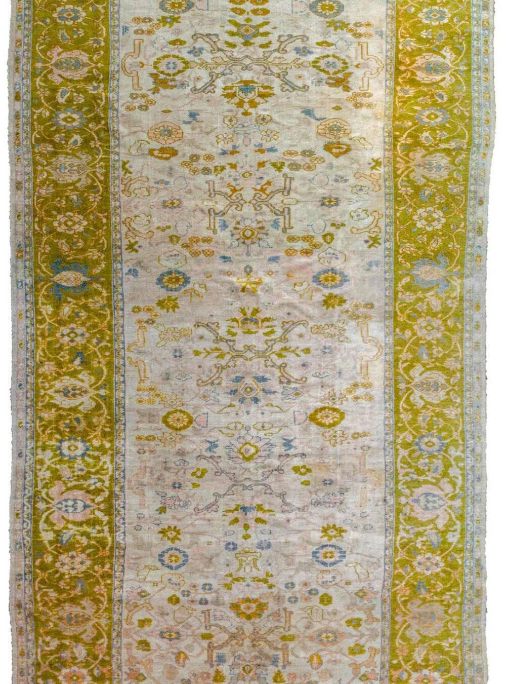 alt="Rare antique Ziegler Sultanabad carpet with olive green border" alt="Large cream-ground Persian rug with all-over floral design" alt="Decorative antique Sultanabad rug with light blue and peach accents" alt="Age-worn Ziegler carpet from Central Iran with Western market size"