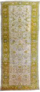 alt="Rare antique Ziegler Sultanabad carpet with olive green border" alt="Large cream-ground Persian rug with all-over floral design" alt="Decorative antique Sultanabad rug with light blue and peach accents" alt="Age-worn Ziegler carpet from Central Iran with Western market size"