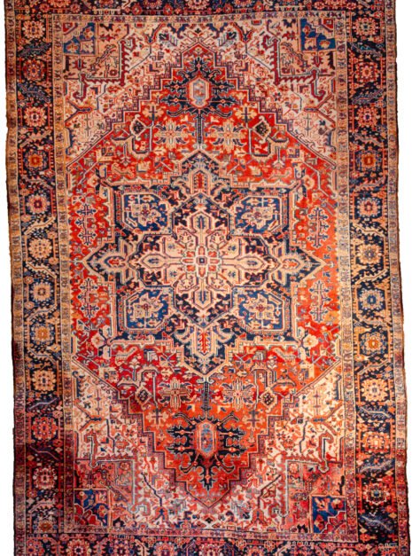 M356-Heriz-359x244cmr.jpg alt="Heriz carpet with bold medallion and terracotta red ground" alt="Persian rug with white spandrels and geometric design" alt="Classic Heriz rug with flowing border and good pile" alt="Antique Heriz carpet with minor wear and strong colours"