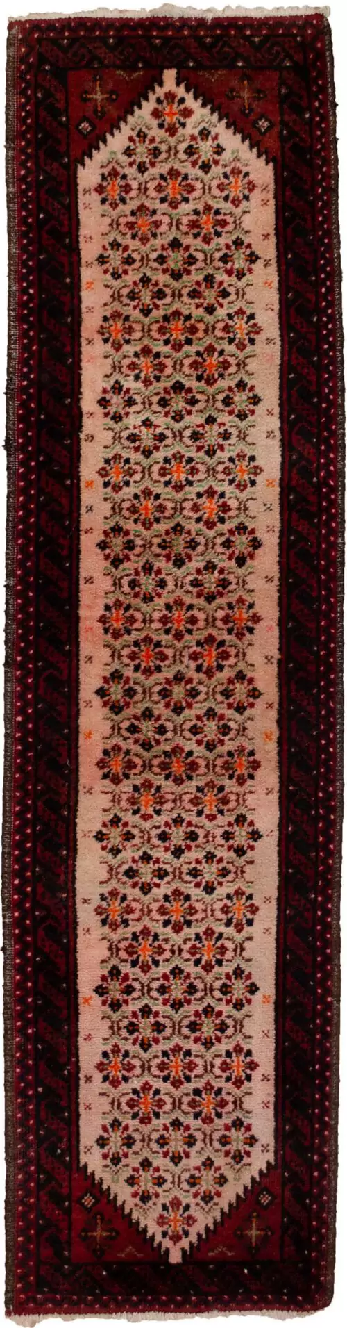alt="Narrow Baluch runner with light pink floral field" alt="Vintage hallway runner with stylised flowers and red borders" alt="Slim Baluch tribal rug with pink ground and geometric edges" alt="Rare format Persian runner for narrow hallway space"