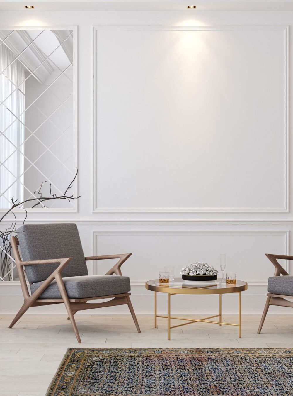 Classic white modern interior empty room with lounge armchairs, Classic white modern interior empty room with lounge armchairs,