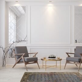 Classic white modern interior empty room with lounge armchairs,
