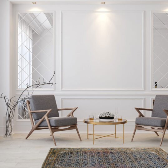 Classic white modern interior empty room with lounge armchairs,