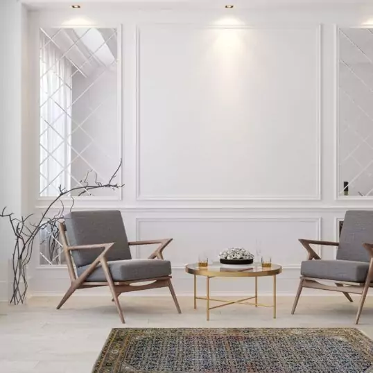 Classic white modern interior empty room with lounge armchairs,