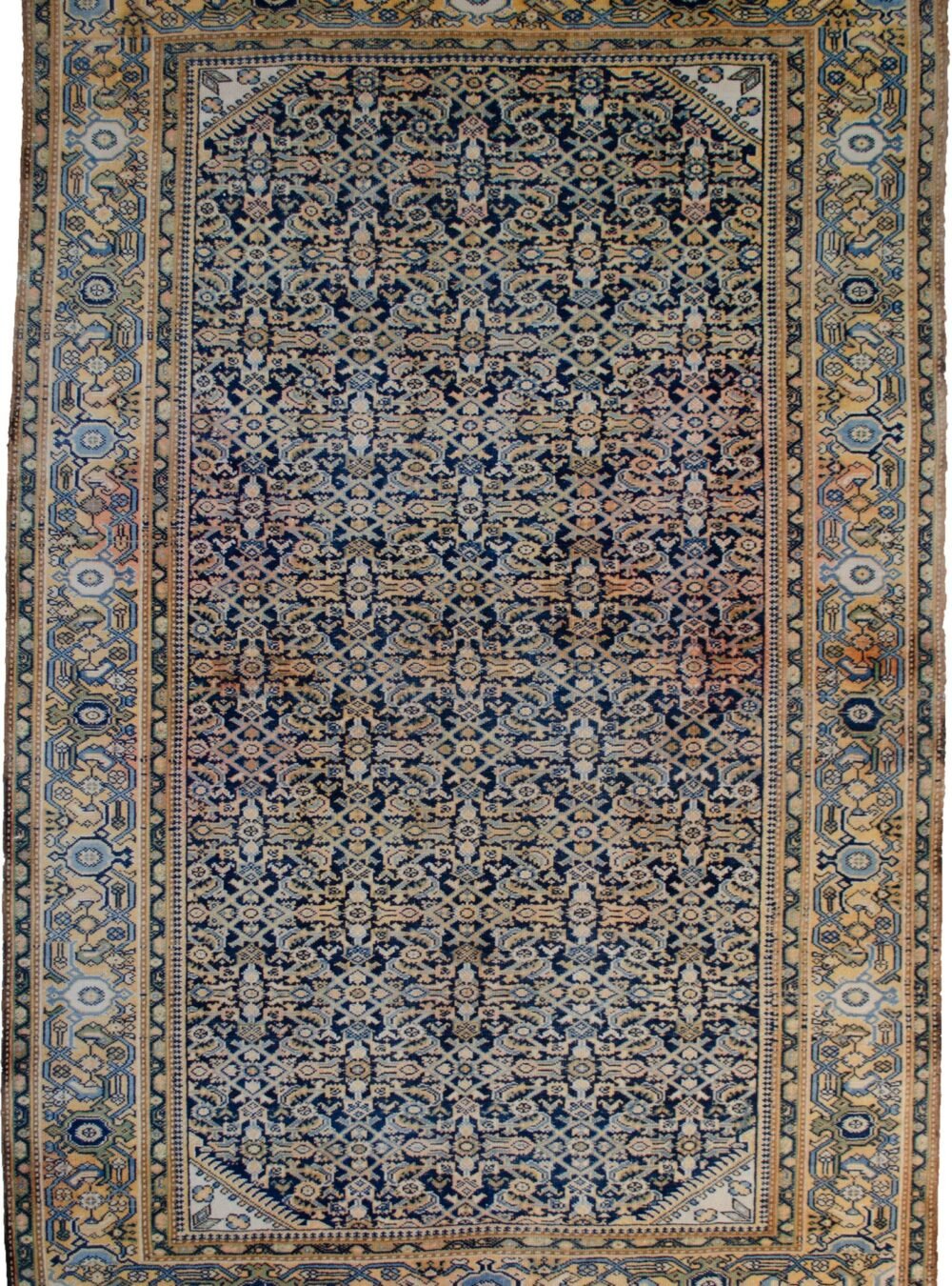 alt="Antique Cheshme rug with blue Herati design and rose border" alt="Persian Farahan rug with subtle abrash and geometric pattern" alt="Low-pile antique rug from Iran with classic Herati motif" alt="Elegant vintage Persian rug with blue field and rose-toned border"