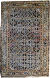 alt="Antique Cheshme rug with blue Herati design and rose border" alt="Persian Farahan rug with subtle abrash and geometric pattern" alt="Low-pile antique rug from Iran with classic Herati motif" alt="Elegant vintage Persian rug with blue field and rose-toned border"