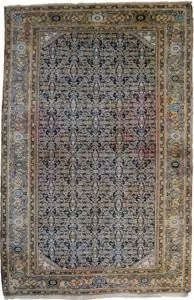 alt="Antique Cheshme rug with blue Herati design and rose border" alt="Persian Farahan rug with subtle abrash and geometric pattern" alt="Low-pile antique rug from Iran with classic Herati motif" alt="Elegant vintage Persian rug with blue field and rose-toned border"