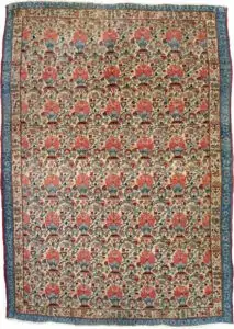alt="Antique Qum rug with cream field and vase floral design" alt="Persian rug with narrow paisley and three-tone floral border" alt="Elegant Qum carpet with vases of flowers and light blue accents" alt="Unusual antique Persian rug with floral motif and narrow borders"