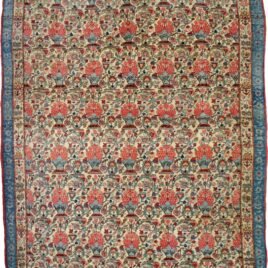 alt="Antique Qum rug with cream field and vase floral design" alt="Persian rug with narrow paisley and three-tone floral border" alt="Elegant Qum carpet with vases of flowers and light blue accents" alt="Unusual antique Persian rug with floral motif and narrow borders"