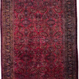 alt="Large Lilihan carpet with deep red field and blue floral border" alt="Rare oversized Persian rug with all-over bush design" alt="Naturally dyed Lilihan rug with soft wool and excellent pile" alt="Traditional Persian carpet in red and blue with floral motifs"