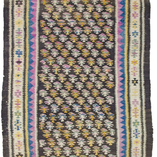 alt="Narrow Harsin kilim runner with stylised bush motifs" alt="Grey-brown Persian kilim with cream border from West Iran" alt="Kurdish kilim runner with tribal motifs and natural dyes" alt="Handwoven Harsin runner professionally reduced in length"