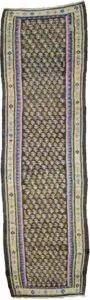 alt="Narrow Harsin kilim runner with stylised bush motifs" alt="Grey-brown Persian kilim with cream border from West Iran" alt="Kurdish kilim runner with tribal motifs and natural dyes" alt="Handwoven Harsin runner professionally reduced in length"
