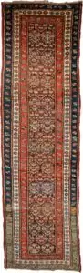 alt="Vintage Persian runner with greyish-brown ground and shrub design" alt="Hallway rug with abrash, shrub motifs, and multiple narrow borders" alt="Low-pile vintage runner with red, cream and blue accents" alt="Charming Persian hallway runner with soft colour changes"