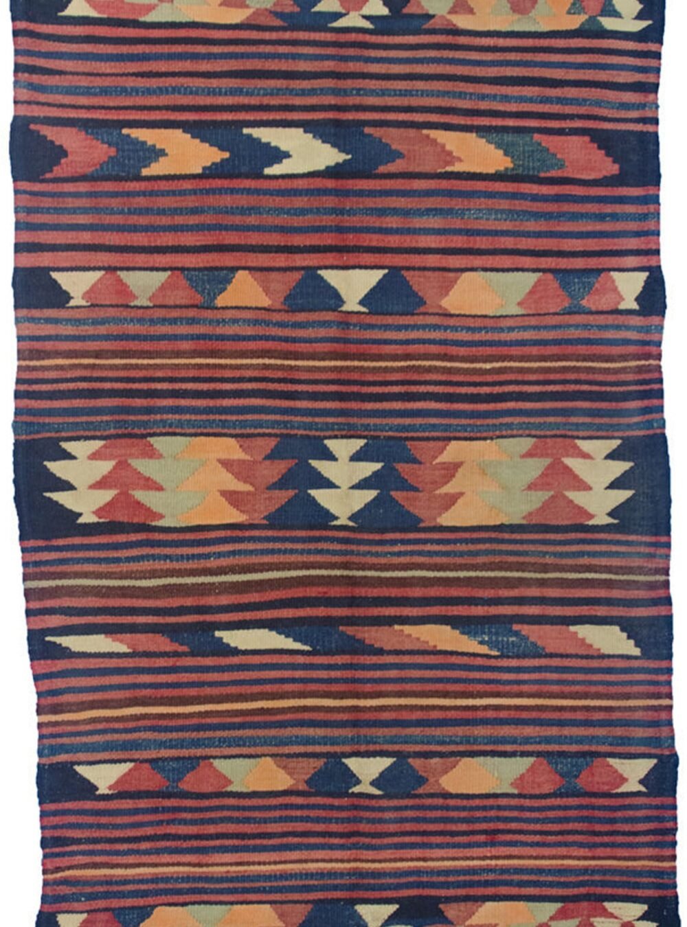 M381-Kordi-203x127cmr.jpg alt="Vintage Kordi kilim from West Iran with horizontal stripes and tribal motifs" alt="Persian Kurdish kilim with wide patterned bands and narrow plain stripes" alt="Handwoven Kordi flatweave with bold tribal motifs" alt="Traditional Kordi kilim with characterful natural wool and dyes"