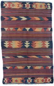 alt="Vintage Kordi kilim from West Iran with horizontal stripes and tribal motifs" alt="Persian Kurdish kilim with wide patterned bands and narrow plain stripes" alt="Handwoven Kordi flatweave with bold tribal motifs" alt="Traditional Kordi kilim with characterful natural wool and dyes"
