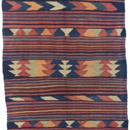 alt="Vintage Kordi kilim from West Iran with horizontal stripes and tribal motifs" alt="Persian Kurdish kilim with wide patterned bands and narrow plain stripes" alt="Handwoven Kordi flatweave with bold tribal motifs" alt="Traditional Kordi kilim with characterful natural wool and dyes"