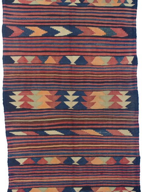 alt="Vintage Kordi kilim from West Iran with horizontal stripes and tribal motifs" alt="Persian Kurdish kilim with wide patterned bands and narrow plain stripes" alt="Handwoven Kordi flatweave with bold tribal motifs" alt="Traditional Kordi kilim with characterful natural wool and dyes"