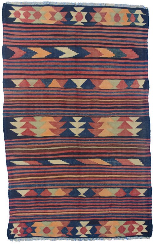 alt="Vintage Kordi kilim from West Iran with horizontal stripes and tribal motifs" alt="Persian Kurdish kilim with wide patterned bands and narrow plain stripes" alt="Handwoven Kordi flatweave with bold tribal motifs" alt="Traditional Kordi kilim with characterful natural wool and dyes"