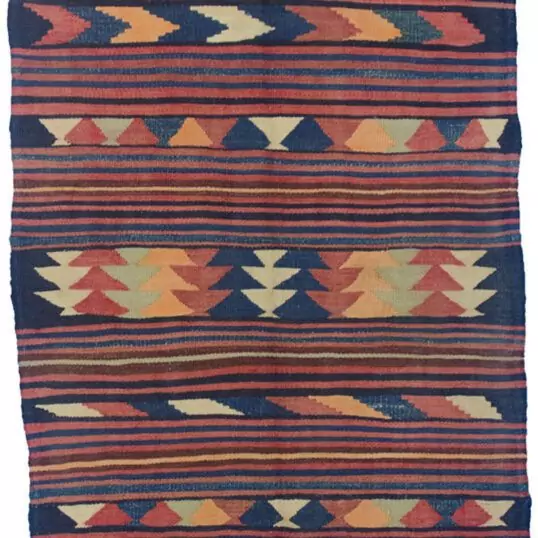 alt="Vintage Kordi kilim from West Iran with horizontal stripes and tribal motifs" alt="Persian Kurdish kilim with wide patterned bands and narrow plain stripes" alt="Handwoven Kordi flatweave with bold tribal motifs" alt="Traditional Kordi kilim with characterful natural wool and dyes"