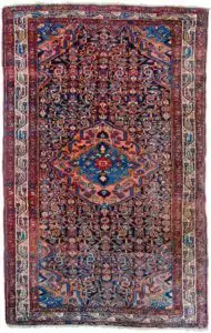 alt="Antique Tajabad rug with navy blue ground and peach medallion" alt="Persian village rug with cream border and natural dye sheen" alt="High-quality wool Tajabad rug with traditional design" alt="Vintage Persian carpet with rich colours and soft luster"