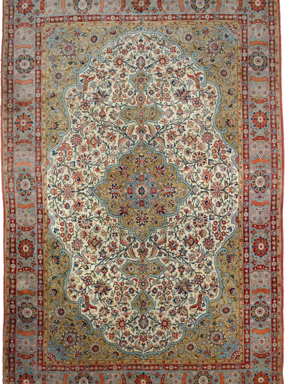 alt="Finely woven Qum carpet with green medallion and floral field" alt="Persian Qum rug with duck egg blue border and soft wool" alt="Qum carpet with floral medallion design and Mohtasham-inspired frame" alt="Elegant Persian rug with green and blue tones in classical style"