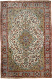 alt="Finely woven Qum carpet with green medallion and floral field" alt="Persian Qum rug with duck egg blue border and soft wool" alt="Qum carpet with floral medallion design and Mohtasham-inspired frame" alt="Elegant Persian rug with green and blue tones in classical style"