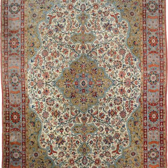 alt="Finely woven Qum carpet with green medallion and floral field" alt="Persian Qum rug with duck egg blue border and soft wool" alt="Qum carpet with floral medallion design and Mohtasham-inspired frame" alt="Elegant Persian rug with green and blue tones in classical style"